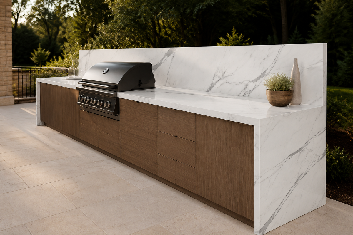 Covered outdoor kitchen with Statuario Norwell Silk porcelain worktops and protected backsplash
