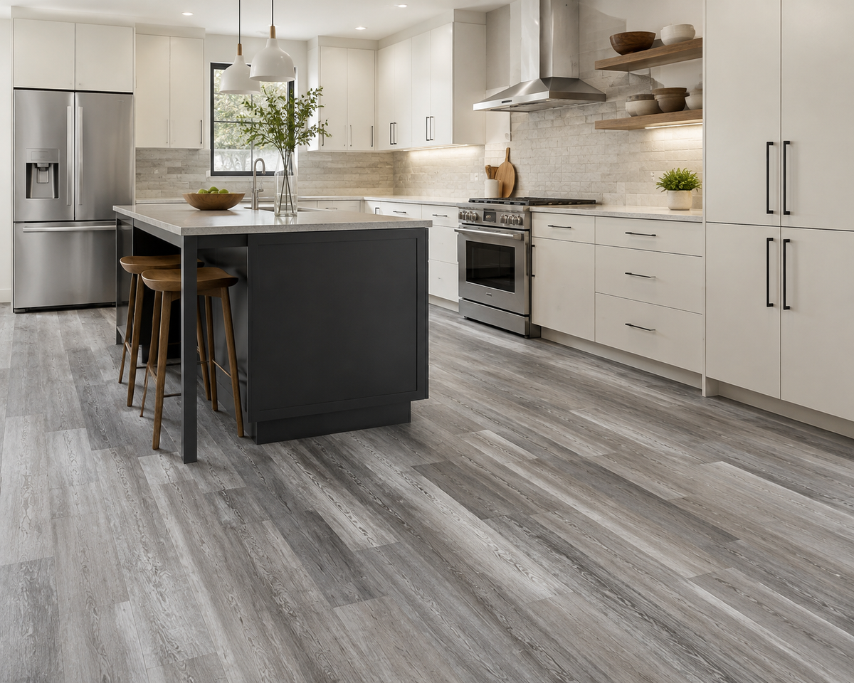 Rustic Storm gray SPC flooring in a bright modern kitchen