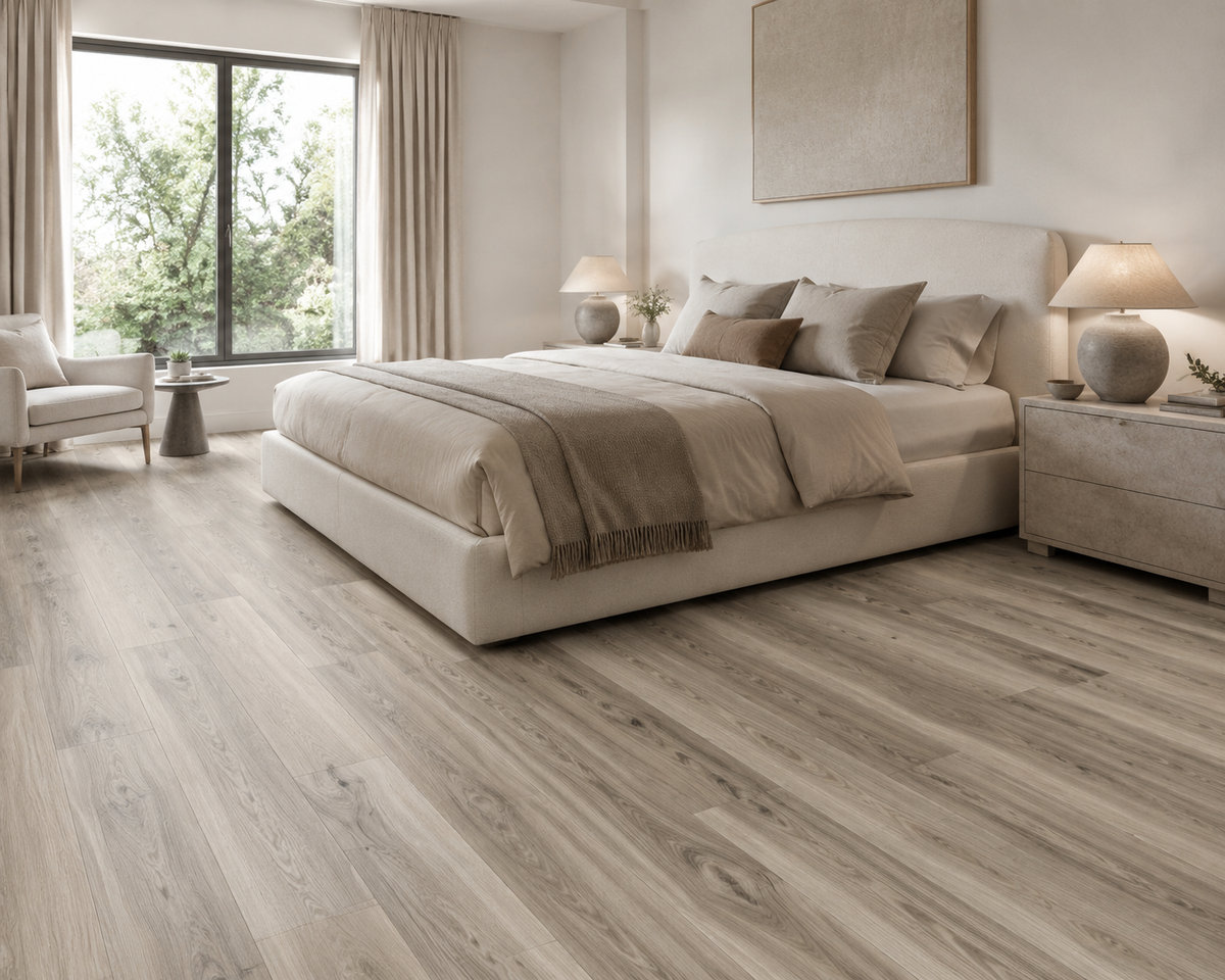 Santorini Beige SPC flooring in a calm modern bedroom