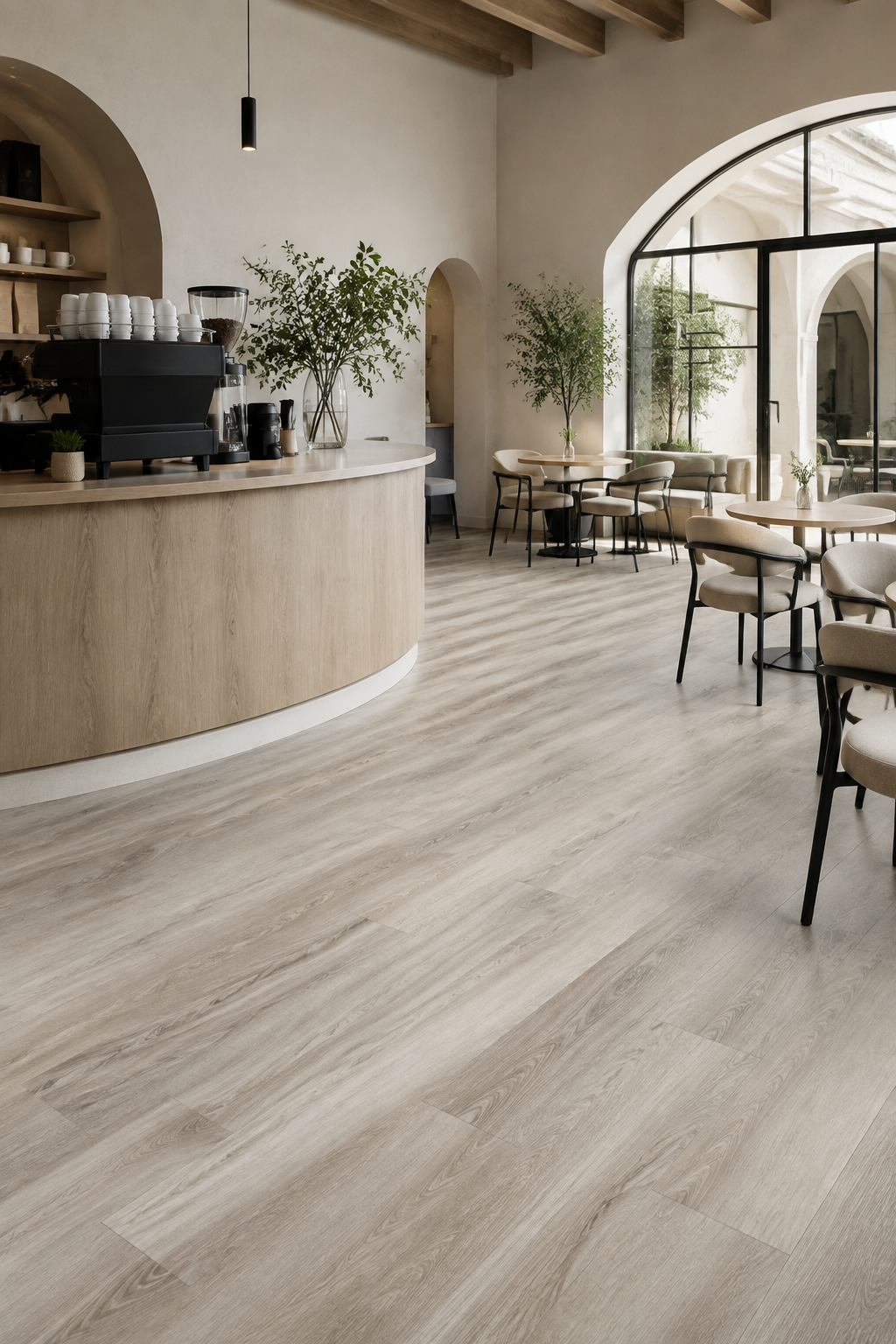 Santorini Beige SPC flooring in an elegant boutique café interior