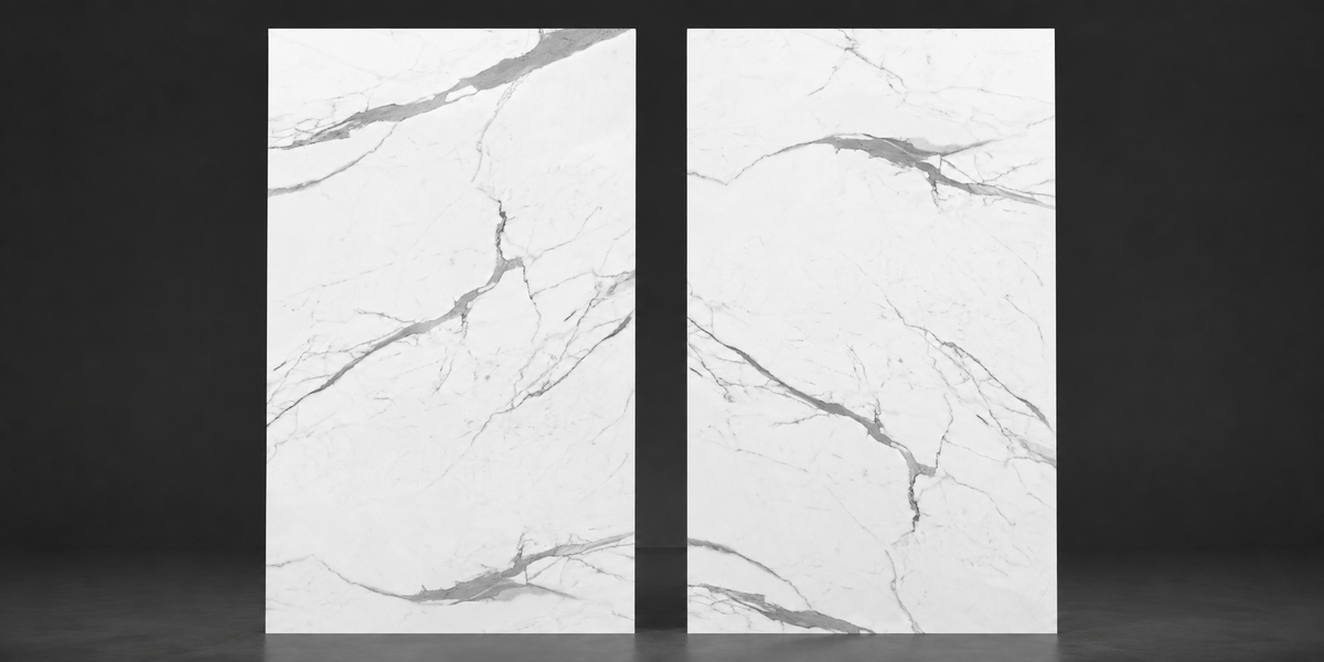 Statuario Norwell porcelain Faces A and B shown side by side in a dark studio setting