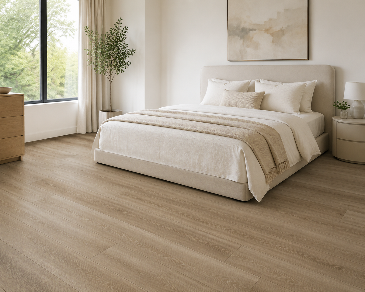 Alpine Mist neutral oak flooring in a serene contemporary bedroom
