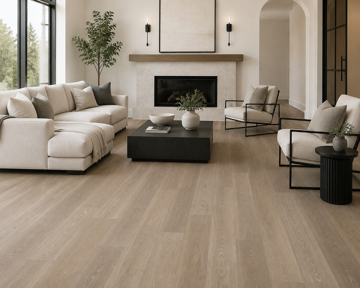 Alpine Mist taupe-greige SPC flooring in an upscale contemporary living room