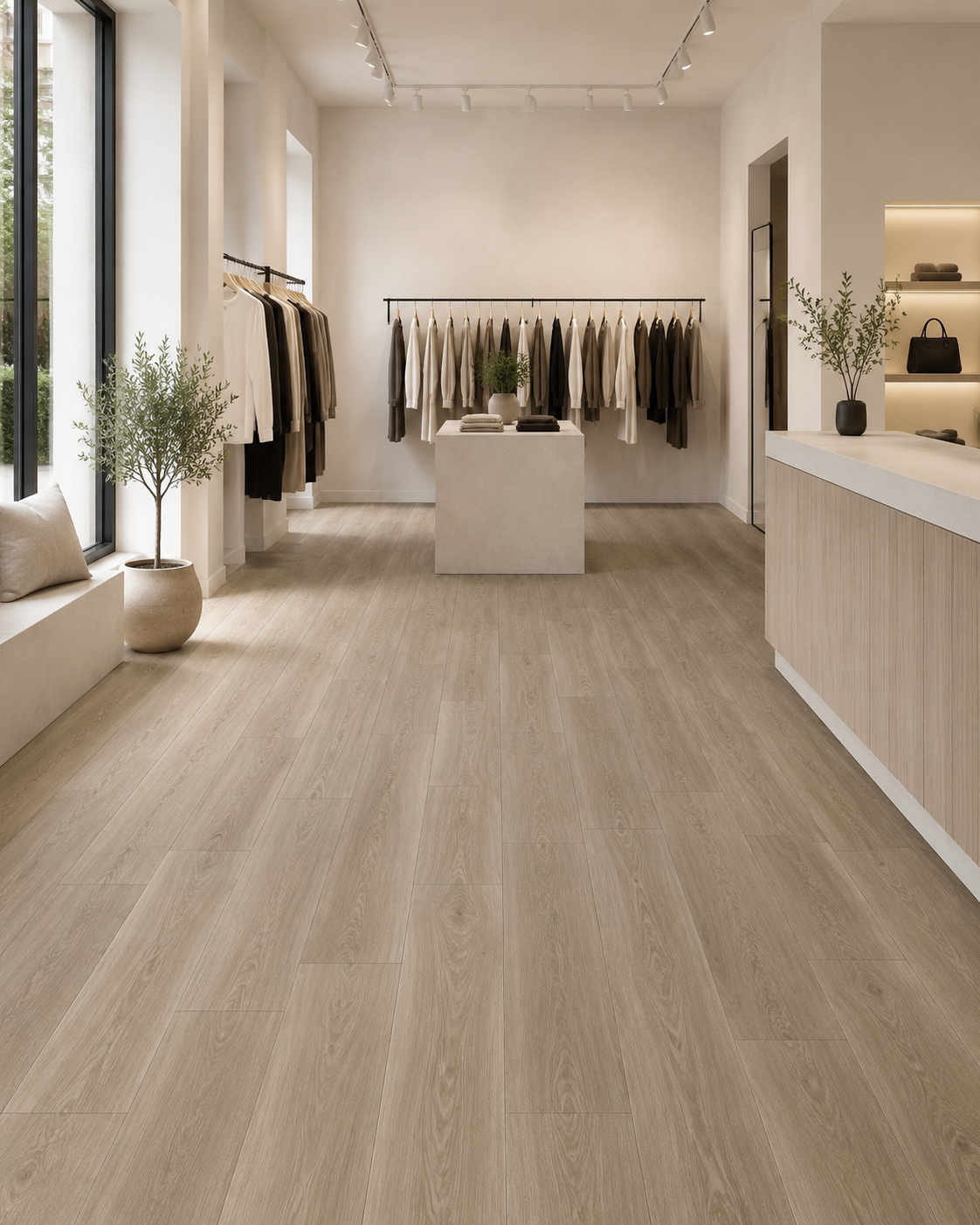 Alpine Mist SPC flooring in an upscale modern boutique interior
