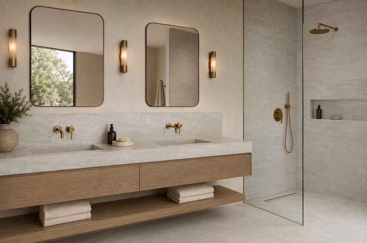 Modern bathroom featuring light beige quartz vanity countertop and shower walls with soft natural stone movement
