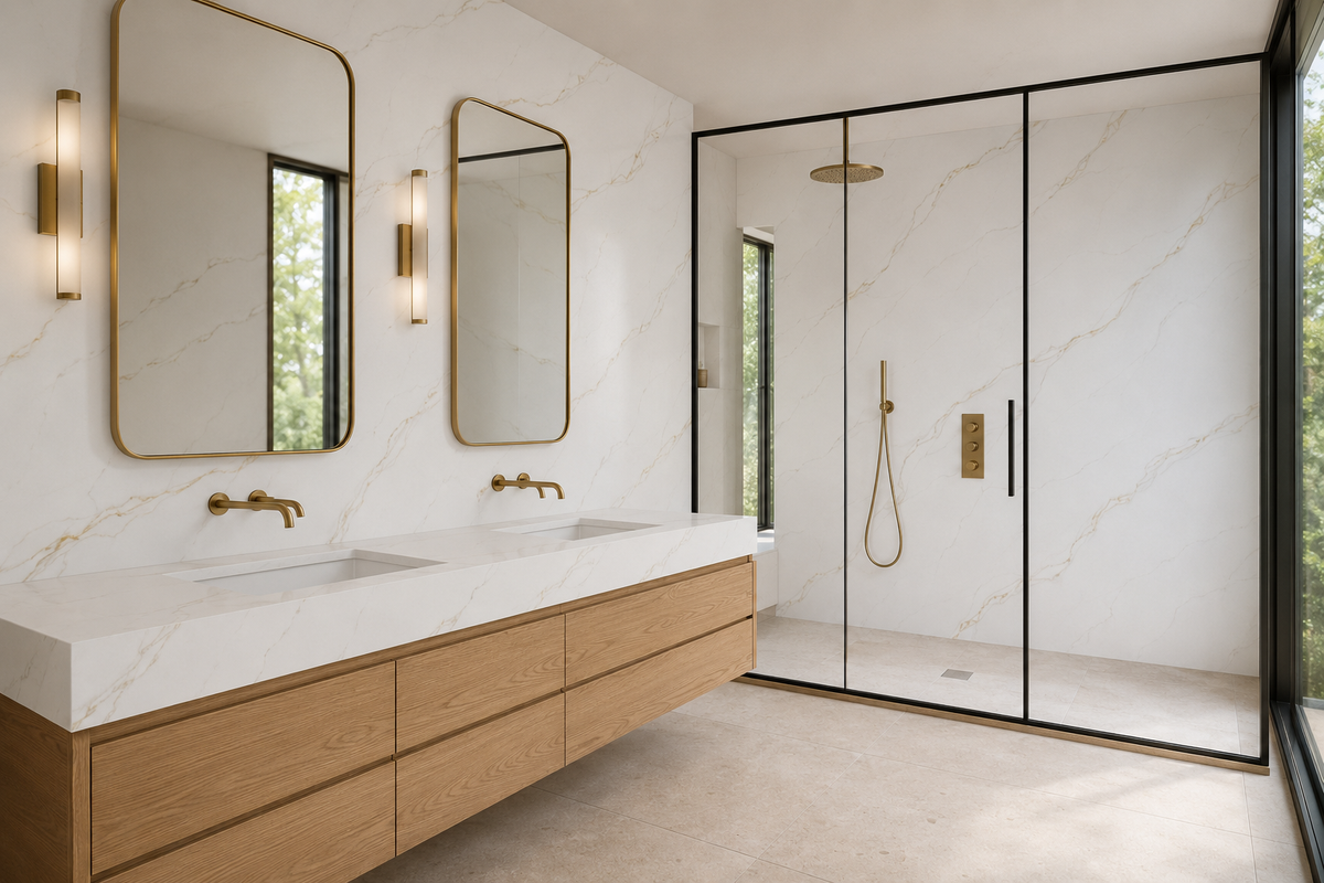 Luxury bathroom featuring Calacatta Alba Quartz vanity countertop and shower walls with soft gold veining