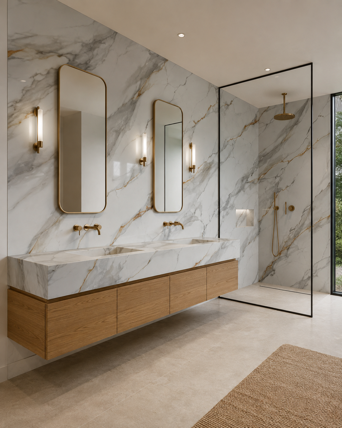 Modern bathroom with book-matched white and gold marble slab covering the wall, floating wood vanity with matching marble countertop, brass fixtures, and a glass-enclosed walk-in shower