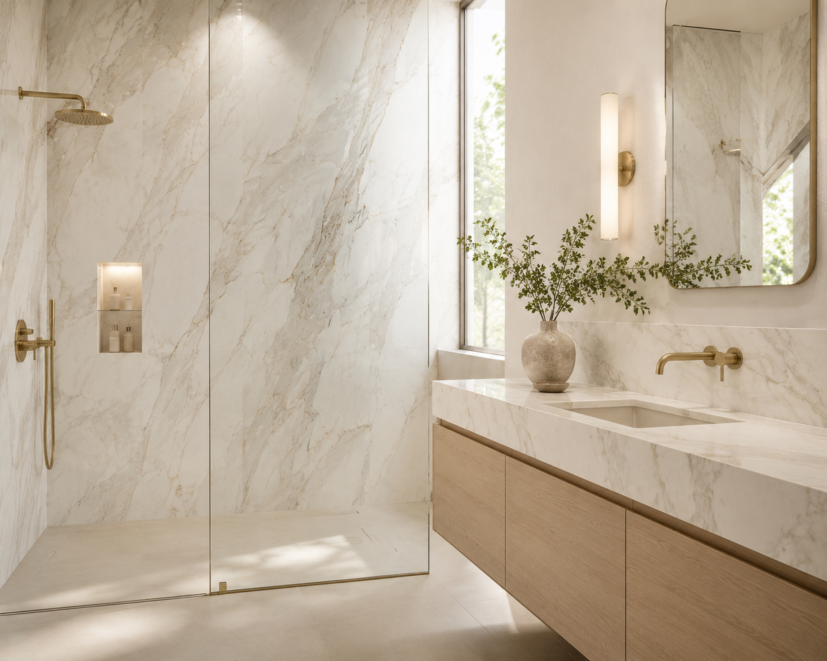 Modern bathroom with Calacatta Borghini porcelain shower walls, vanity top and backsplash