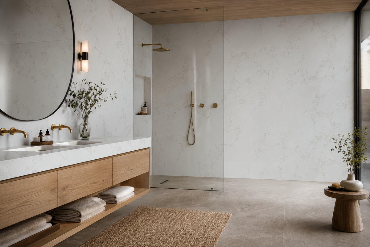 Modern bathroom featuring Calacatta Eterna Quartz vanity countertop and shower walls with soft beige veining