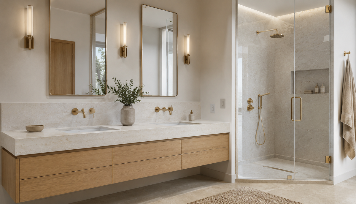 Luxury bathroom with Taj Mahal Gold Quartz vanity top, backsplash and shower wall panels