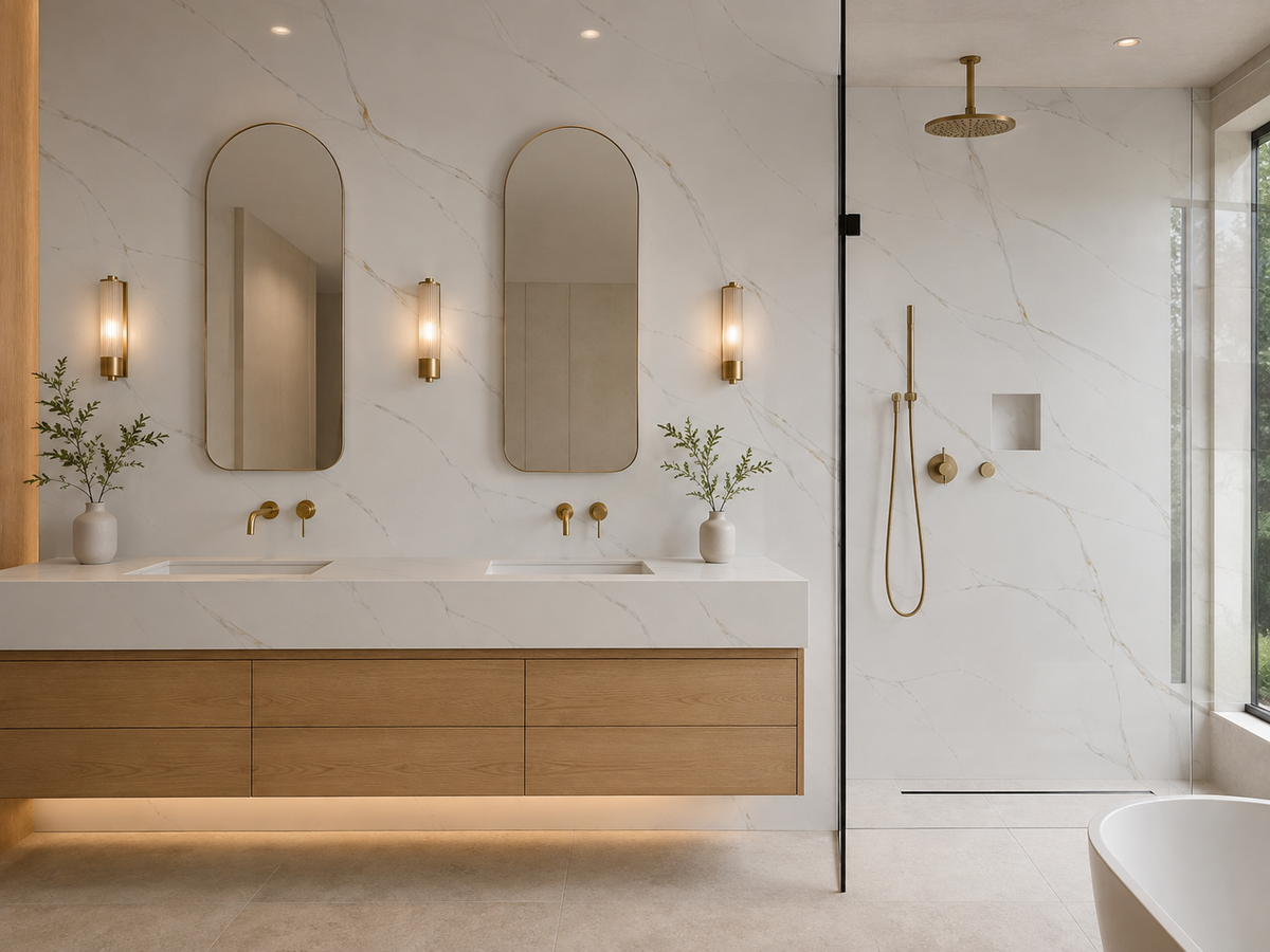 Luxury bathroom featuring Calacatta Vittoria Quartz walls and vanity with soft gray and warm gold veining