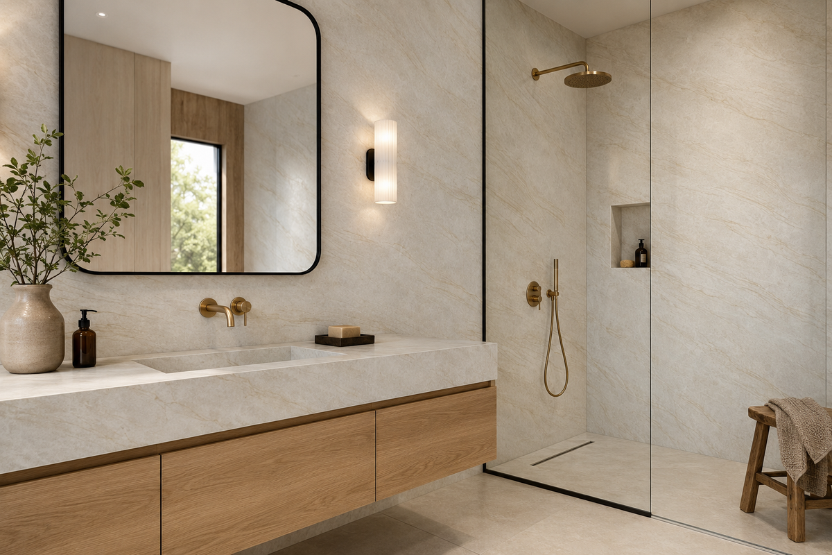 Luxury bathroom featuring Printed Taj Mahal Quartz vanity countertop and shower walls with warm beige linear veining