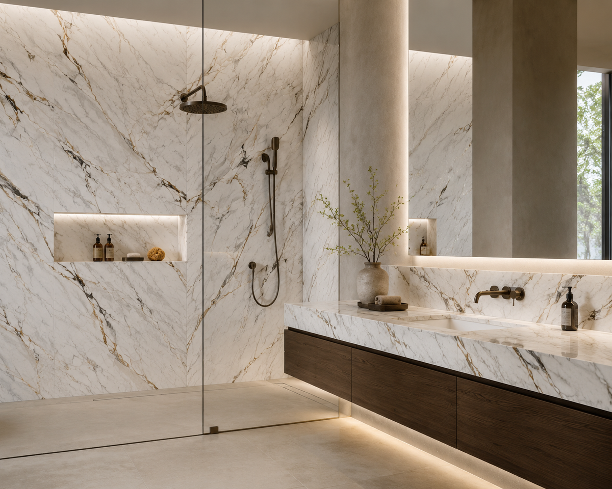 Modern bathroom with Calacatta Luxe porcelain shower walls, vanity top and backsplash