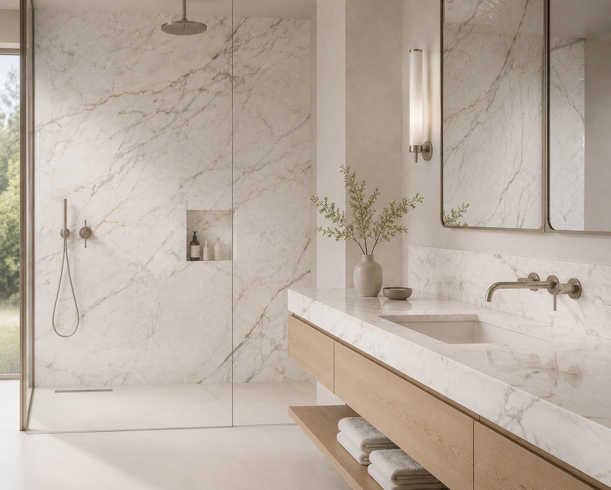 Modern bathroom with Mont Blanc Crystal porcelain shower walls, vanity top and backsplash
