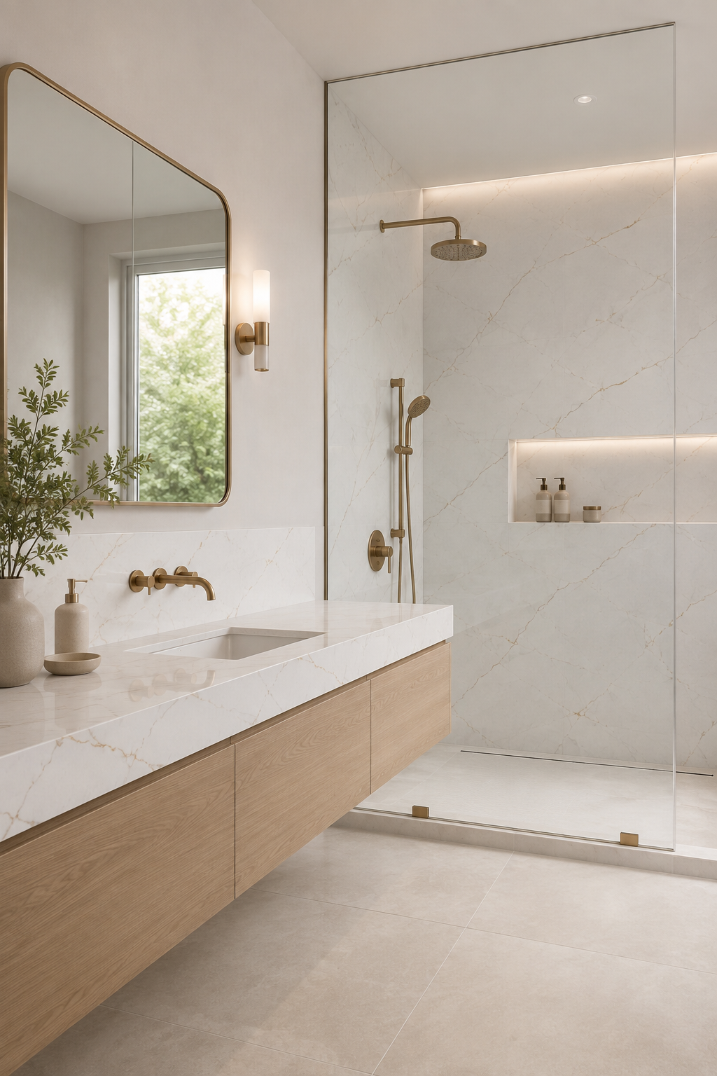 Contemporary bathroom with Lumina Gold Quartz vanity, backsplash and shower wall panels