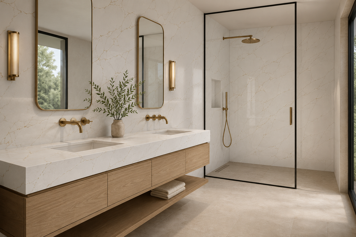 Luxury modern kitchen with white stone waterfall island and backsplash featuring gold veining