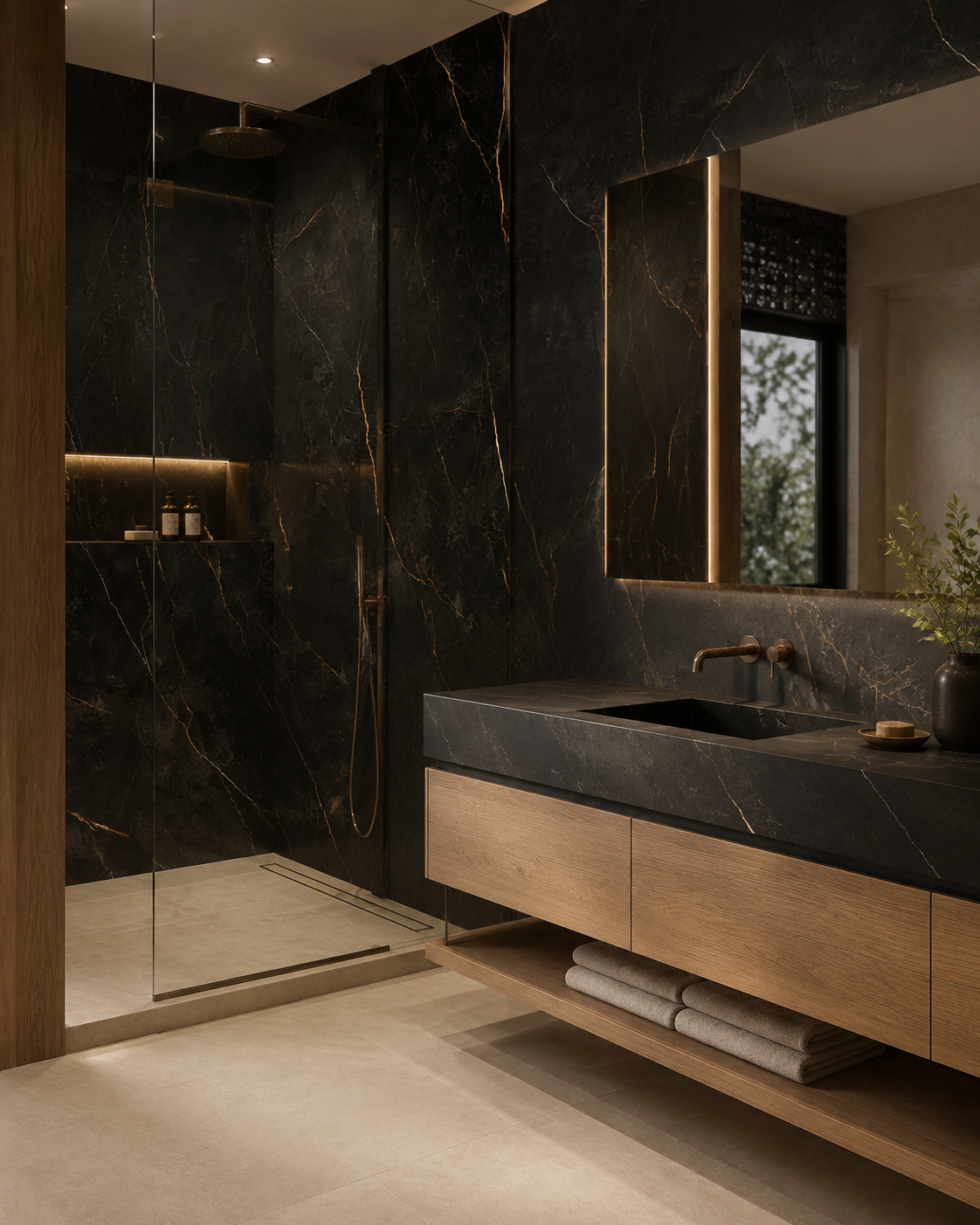 Luxury bathroom with Stratum Portoro Silk porcelain shower walls, vanity top and backsplash