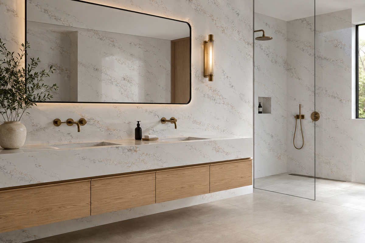 Luxury bathroom featuring Calacatta Bellagio Quartz vanity countertop and shower walls with gray and gold veining