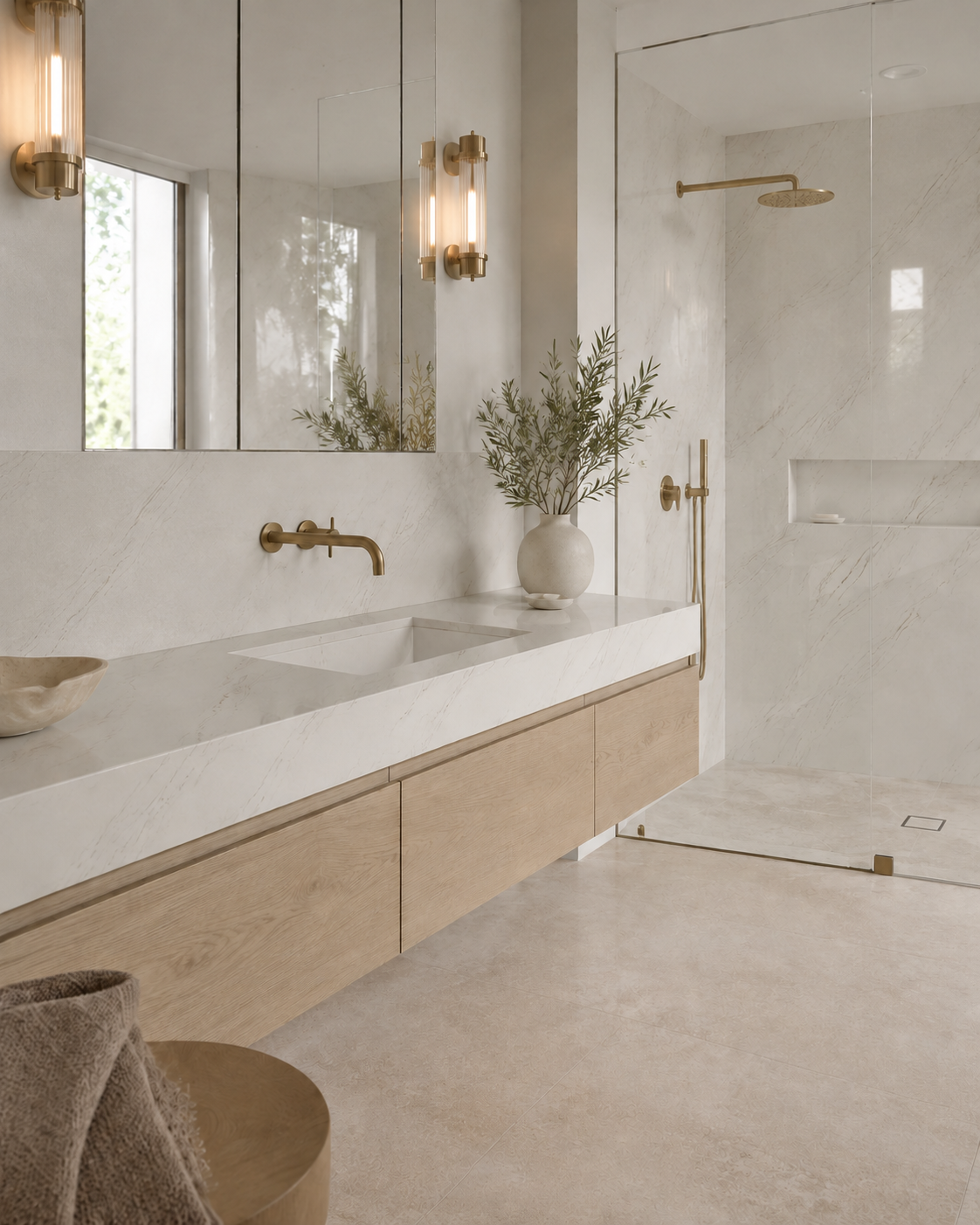 Warm luxury bathroom with Casablanca Quartz vanity, backsplash and shower wall panels