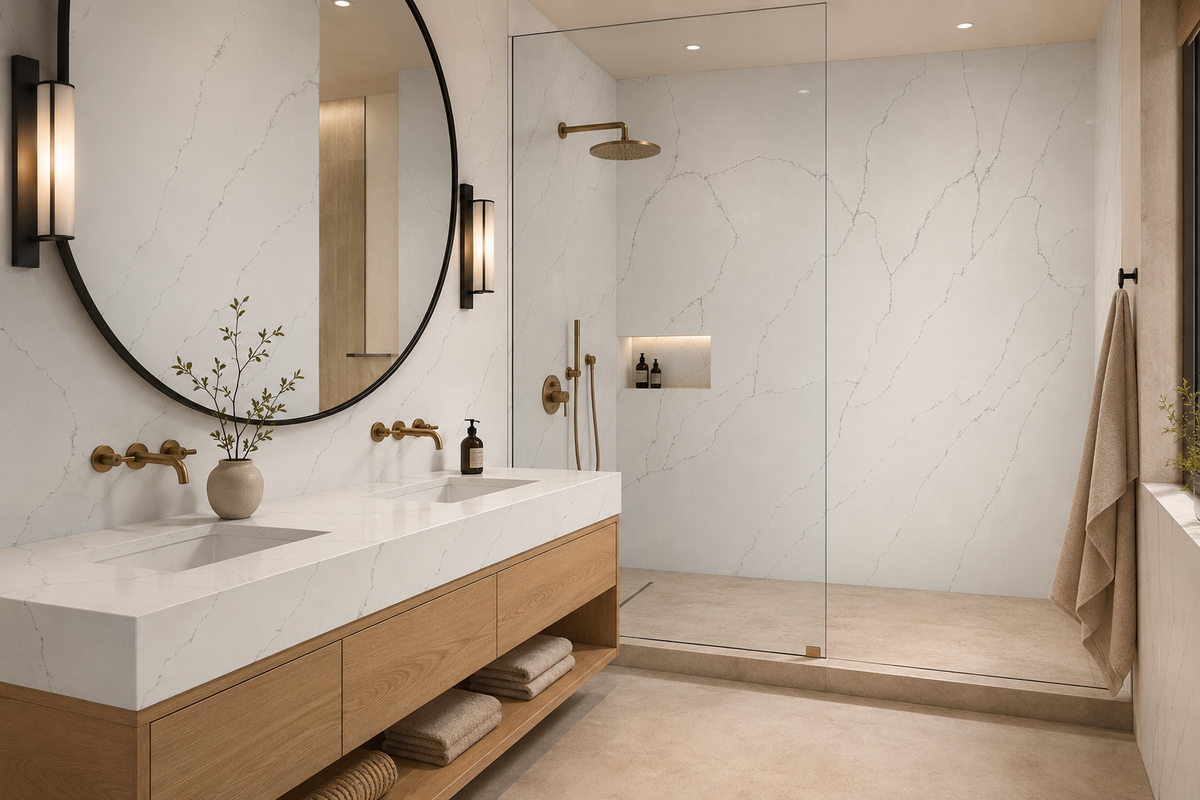 Modern bathroom featuring Calacatta Everest Quartz vanity countertop and shower walls with delicate gray veining