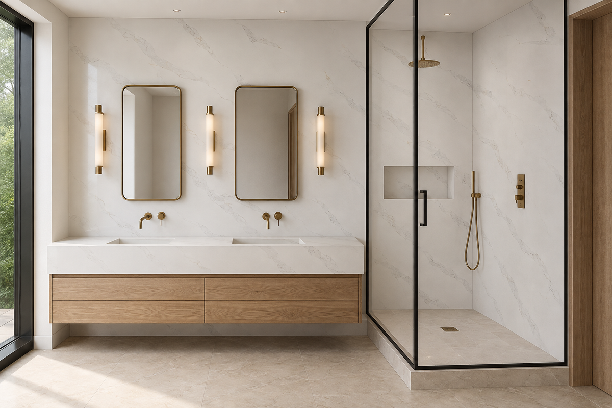 Luxury bathroom featuring white quartz vanity surfaces and shower walls with soft gray veining