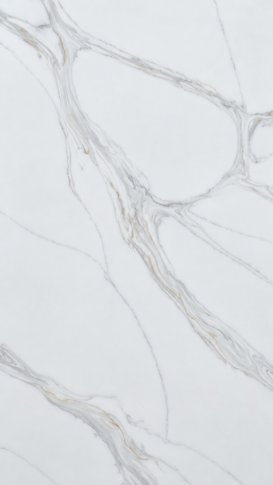 Close-up of Calacatta Sorello Quartz showing layered gray veins with delicate warm gold accents