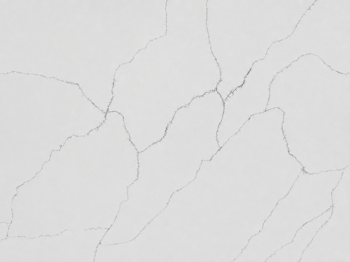 Close-up of Calacatta Everest Quartz showing thin gray veining across a clean white surface