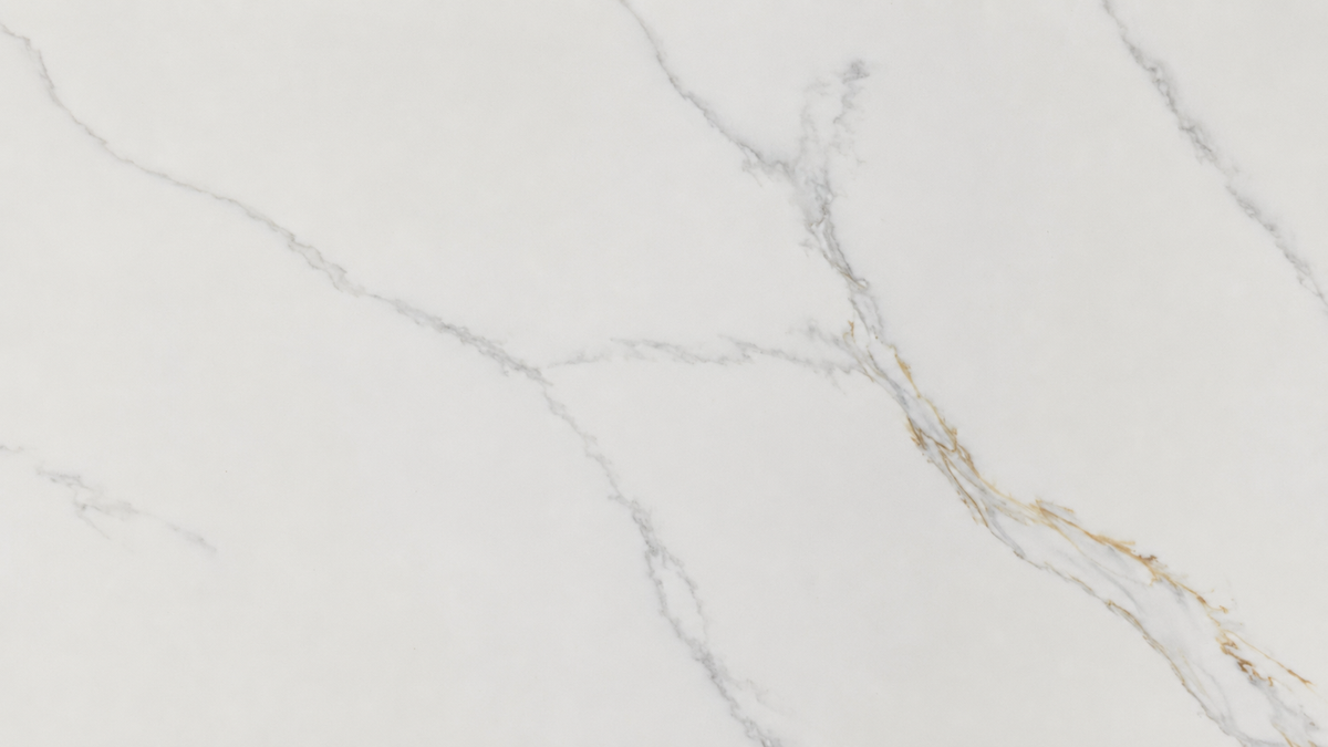 Calacatta Vittoria Quartz close-up featuring flowing gray veining and subtle warm gold details