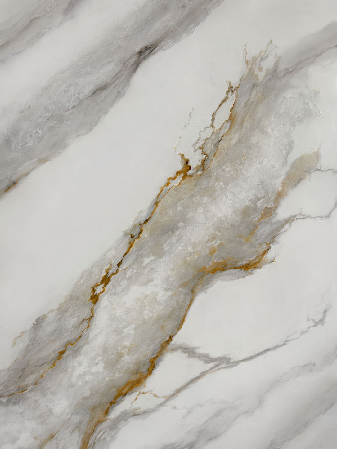 Detailed close-up of white marble slab highlighting intricate gold and grey vein patterns with natural stone texture.