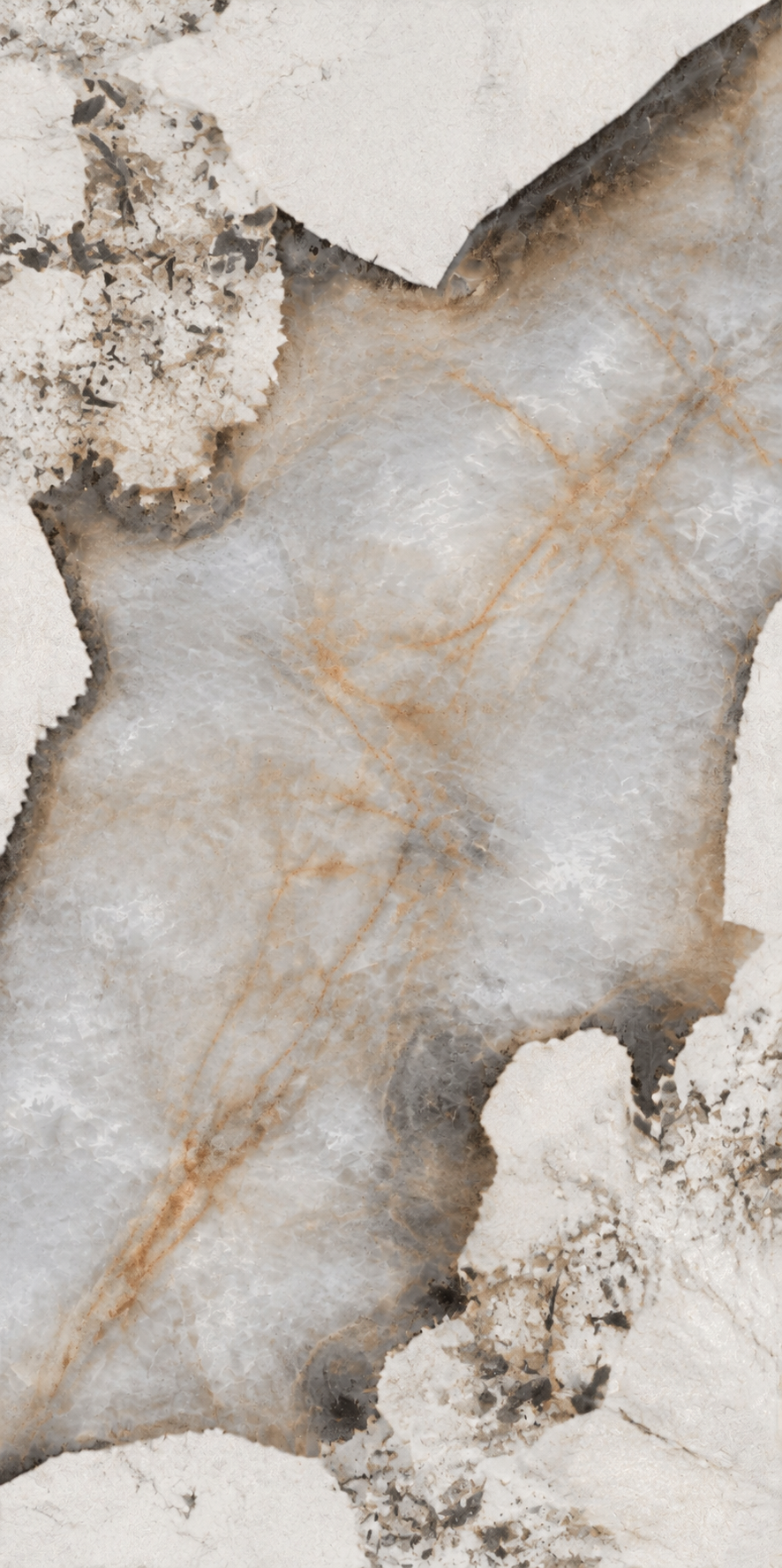 Close-up of Patagonia porcelain Face B with translucent gray formations and smoky mineral boundaries