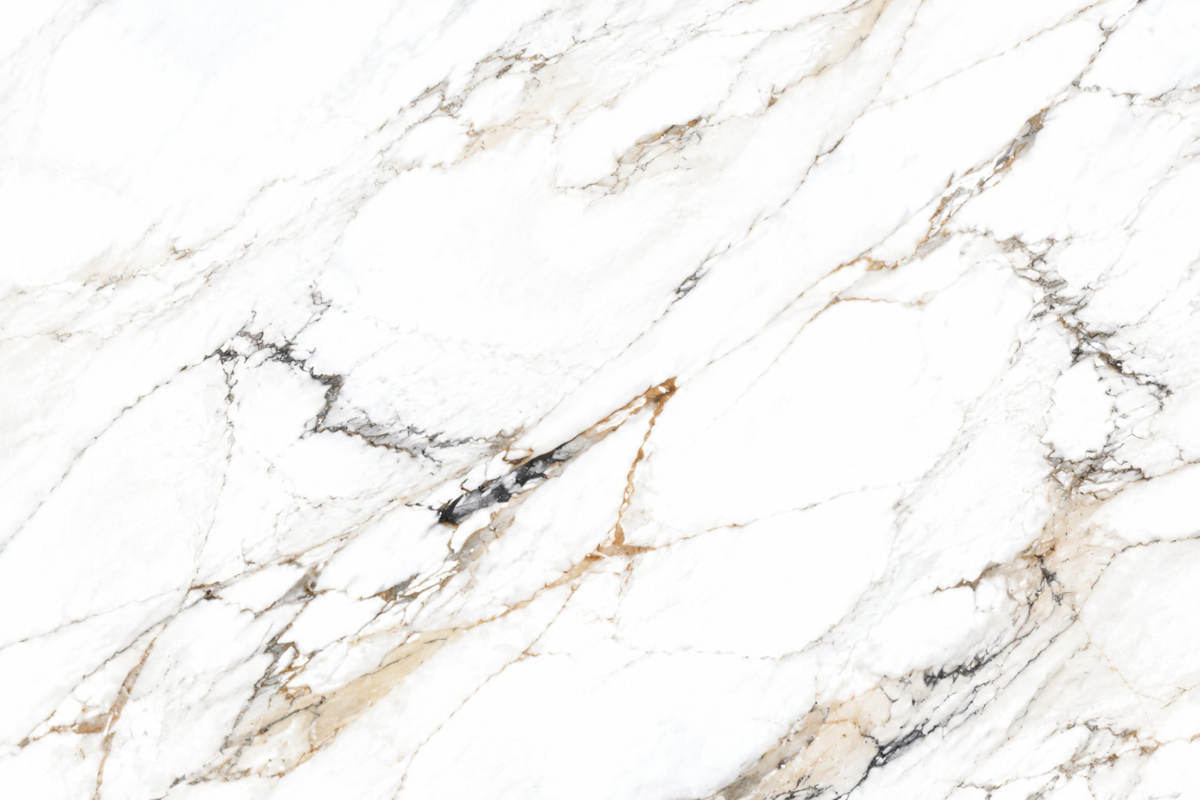 Close-up of Calacatta Luxe porcelain Face B with layered gray-beige, charcoal and cognac veining