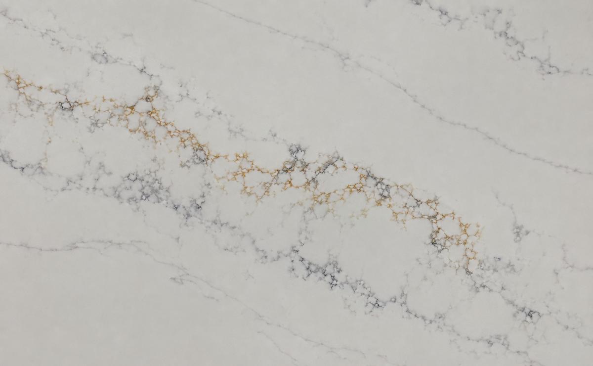 Detailed Calacatta Bellagio Quartz pattern with flowing gray veins and warm golden accents