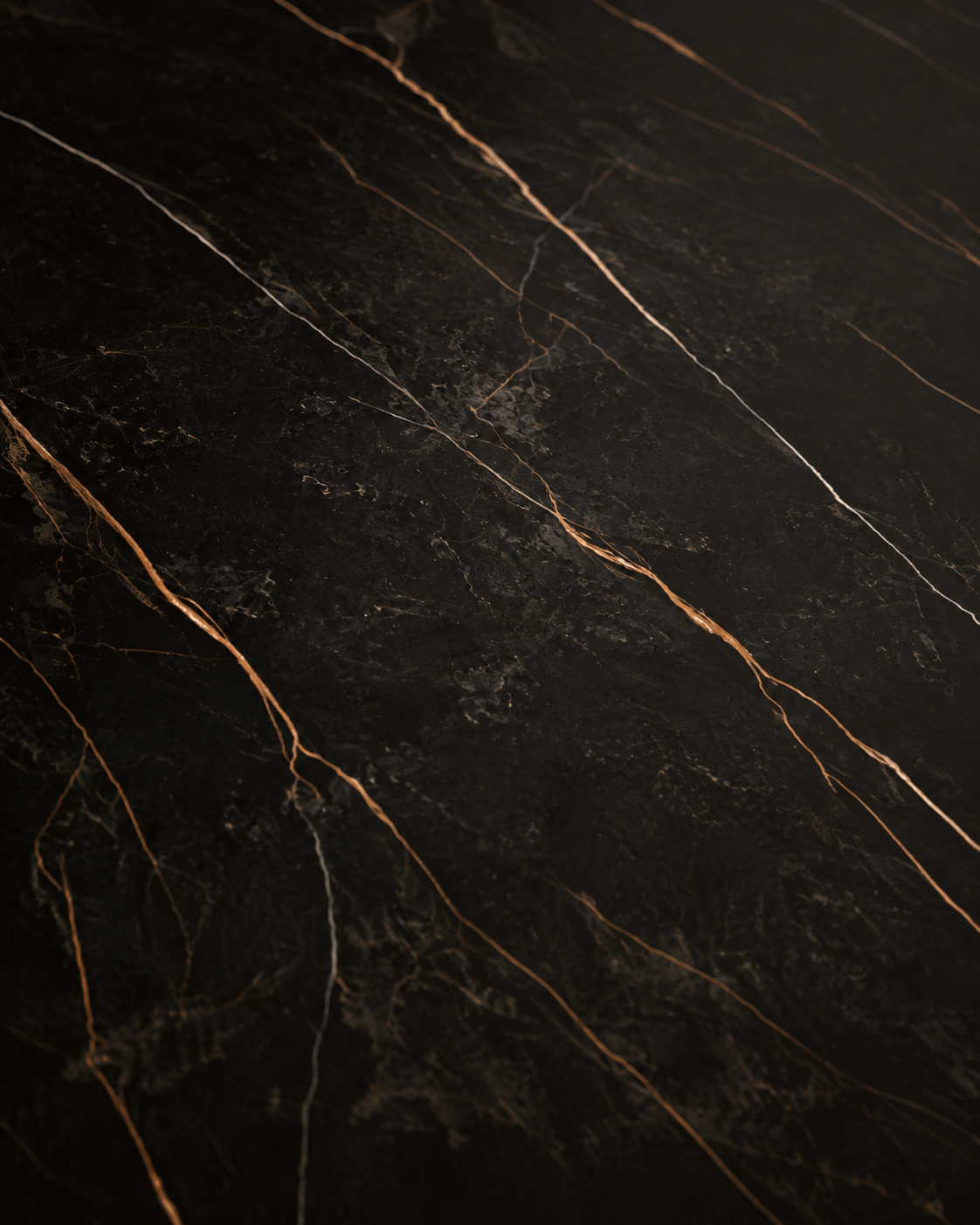Close-up of Stratum Portoro F2 in Silk finish showing a satin low sheen and fine metallic veining