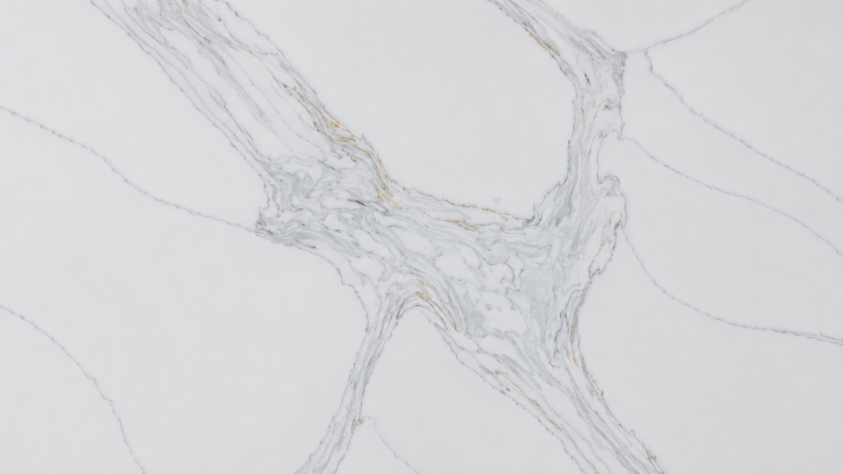 Detailed Calacatta Sorello Quartz pattern with flowing gray marble-style veining across a white surface