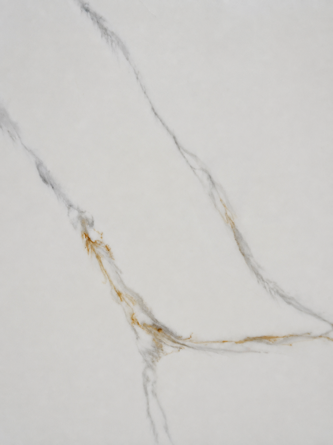 Detailed Calacatta Vittoria Quartz surface showing soft gray veins with delicate golden highlights