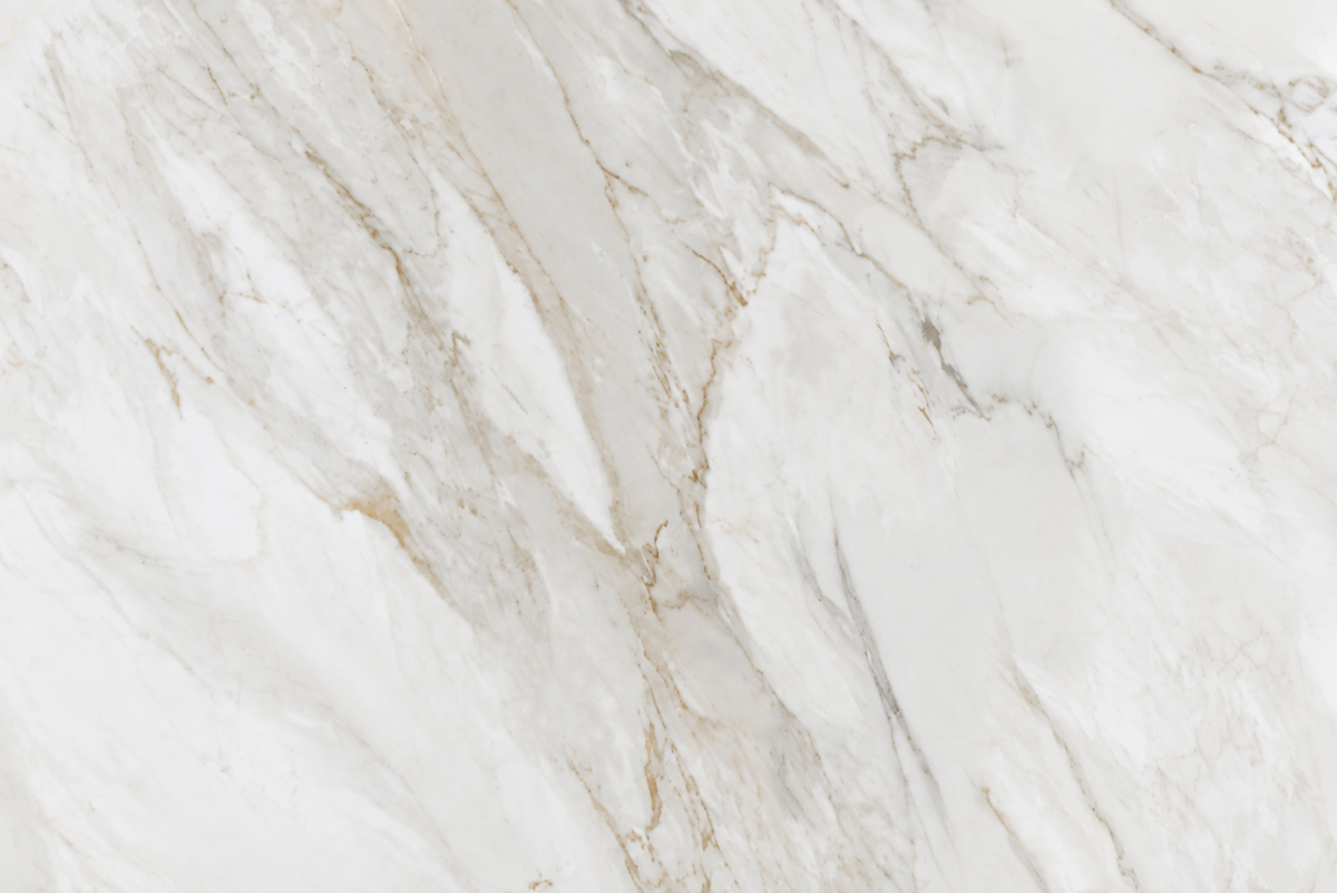 Close-up of Calacatta Borghini porcelain Face A with flowing greige and warm beige veining