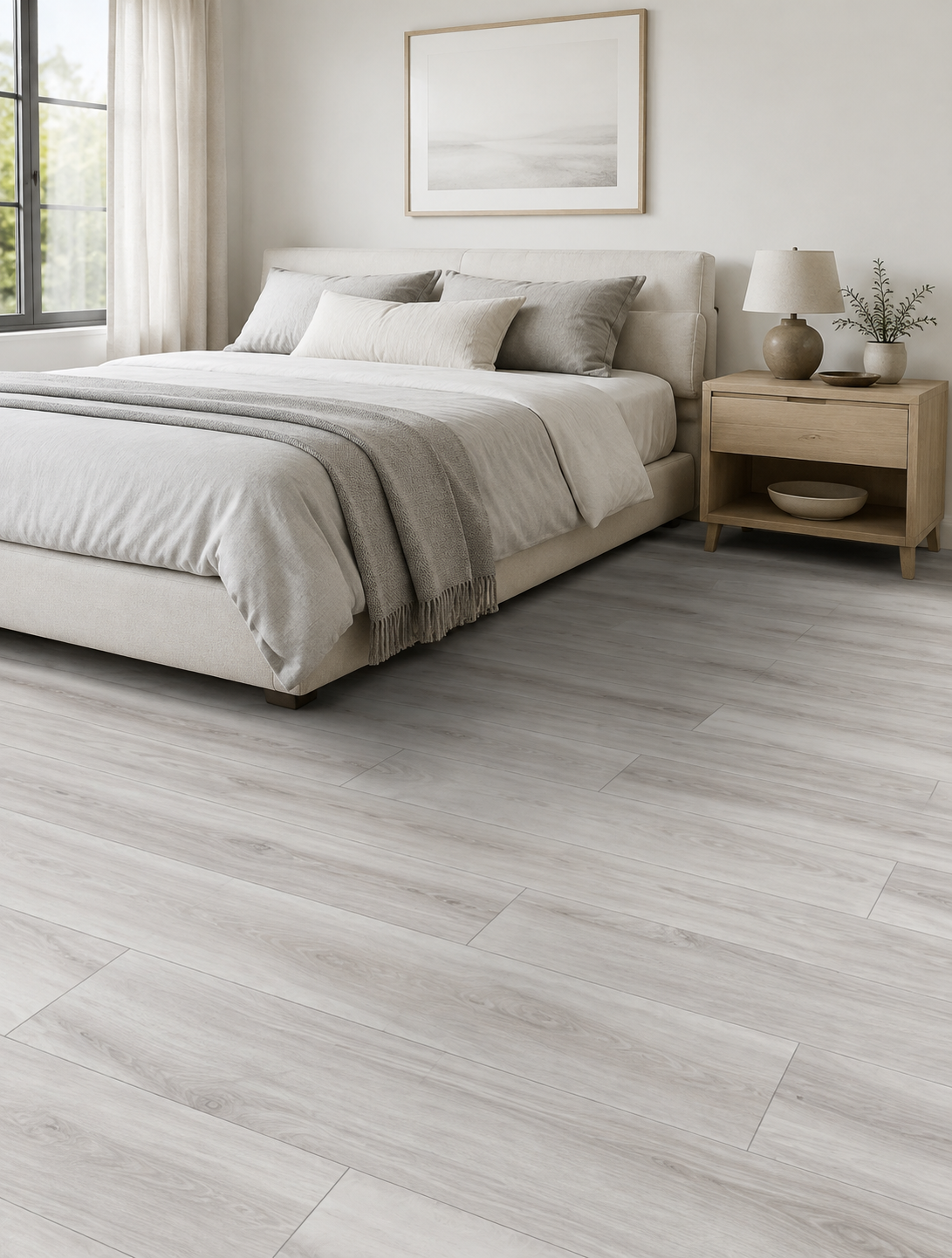 Coastal Gray SPC flooring in a calm minimal bedroom