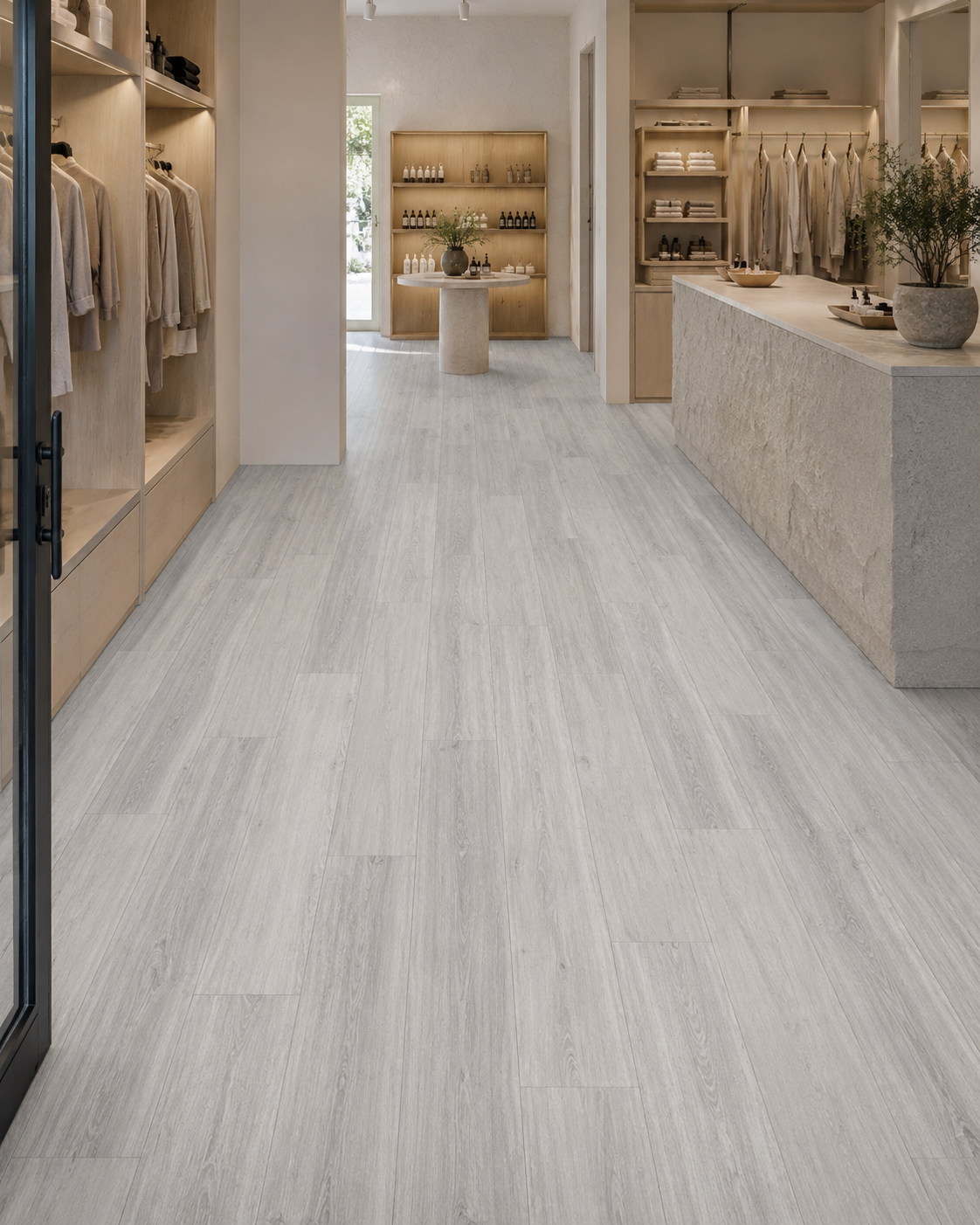 Coastal Gray SPC flooring in a sophisticated boutique retail interior