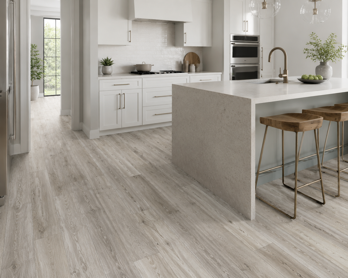 Coastal Breeze light oak-look flooring in a modern white kitchen