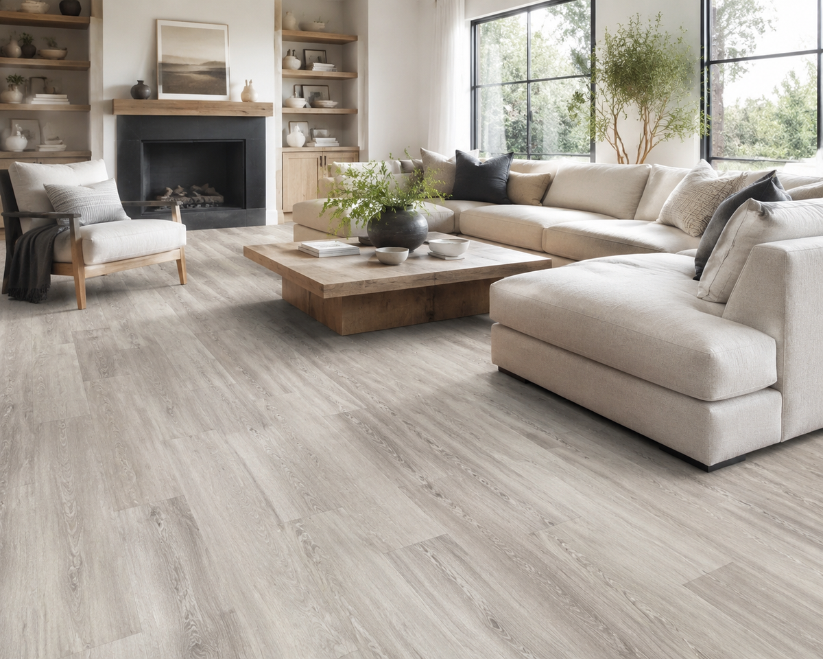 6.Coastal Breeze greige oak flooring in a calm modern bedroom