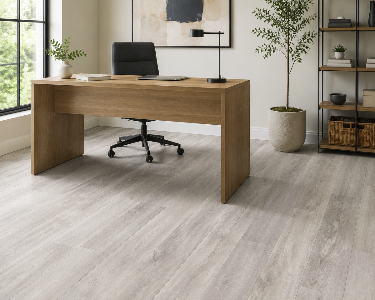 Coastal Breeze SPC flooring installed in a neutral home office
