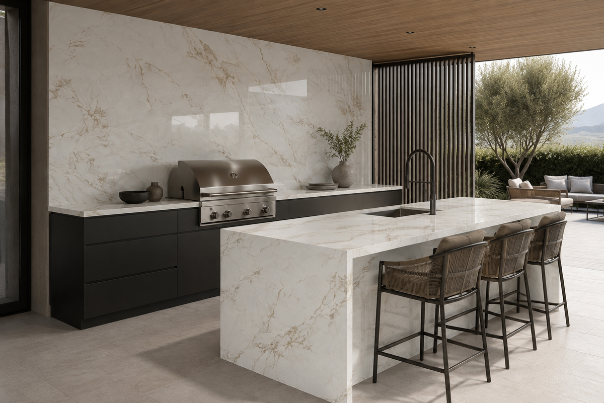 Covered outdoor kitchen with Calacatta Macchia Vecchia porcelain worktops and protected feature wall