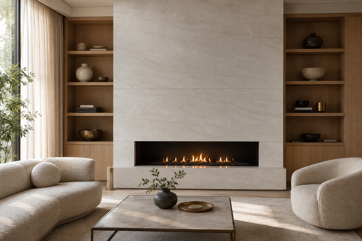 Modern living room fireplace surround finished with light beige quartz and subtle layered veining