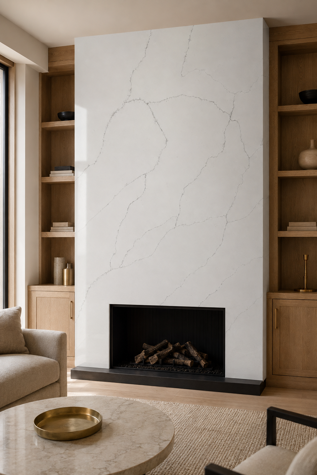 Modern living room fireplace surround featuring Calacatta Everest Quartz with fine gray veining