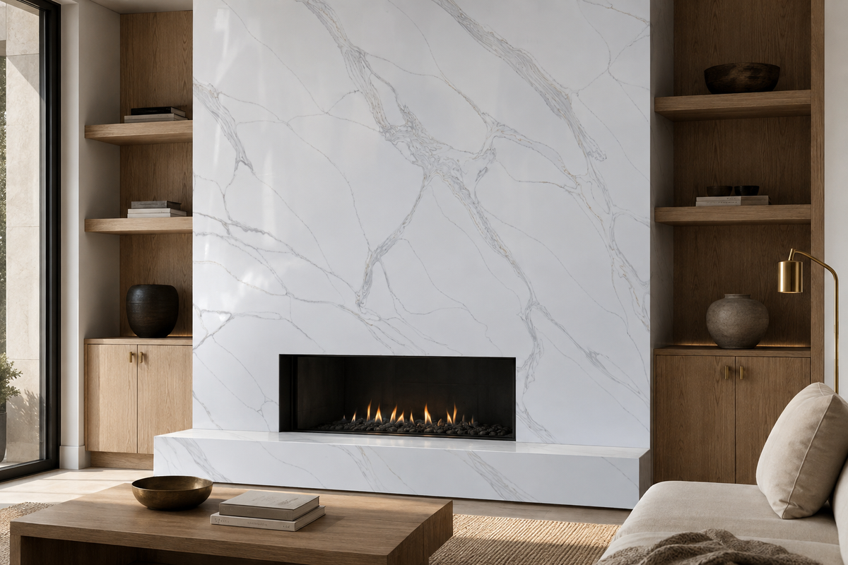 Modern living room fireplace surround featuring Calacatta Sorello Quartz with elegant gray and gold veining
