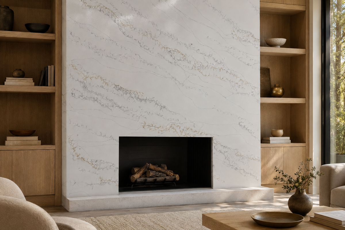 Modern living room fireplace surround featuring Calacatta Bellagio Quartz with gray and gold veining