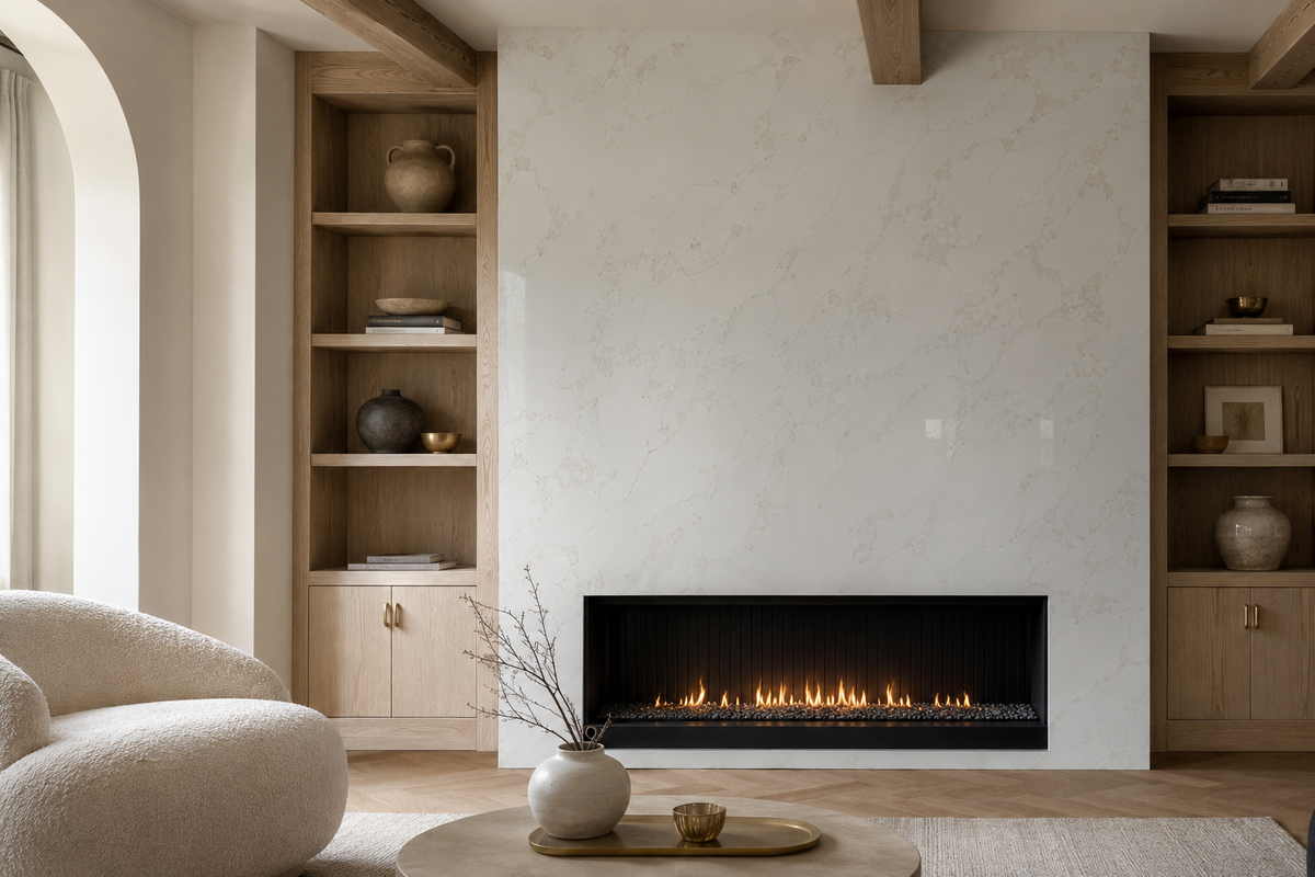 Modern living room fireplace surround featuring Calacatta Eterna Quartz with elegant beige veining