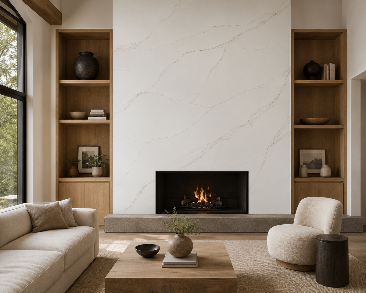 Modern living room fireplace surround featuring Calacatta Alba Quartz with refined gold veining