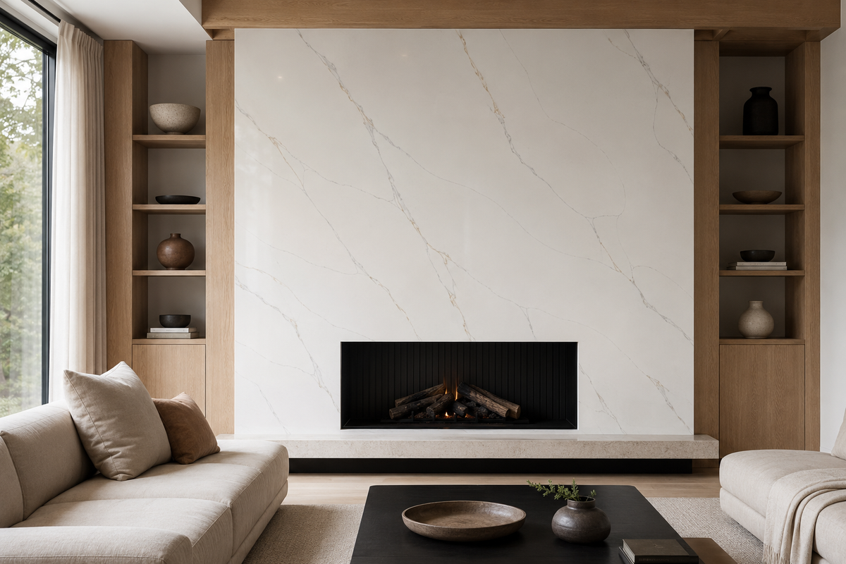 Modern living room fireplace surrounded by Calacatta Vittoria Quartz with delicate gray and gold veining
