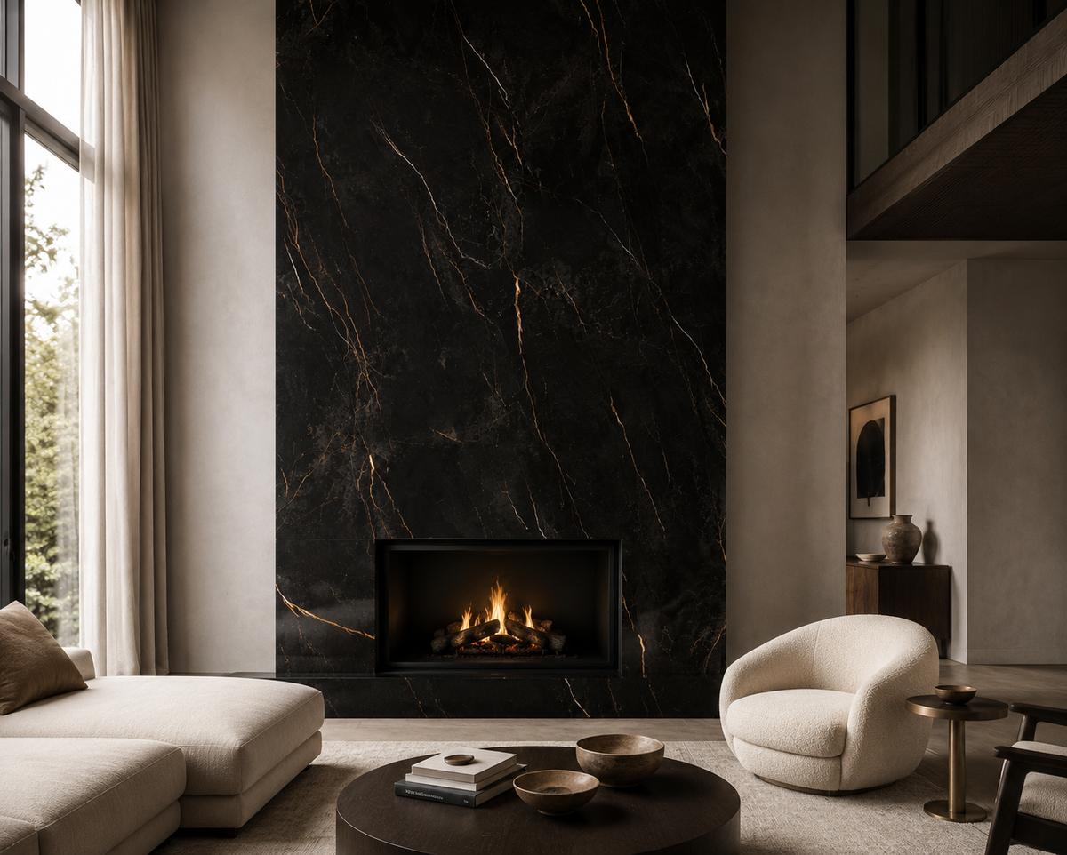 Living room fireplace feature wall clad in coordinating Stratum Portoro porcelain faces